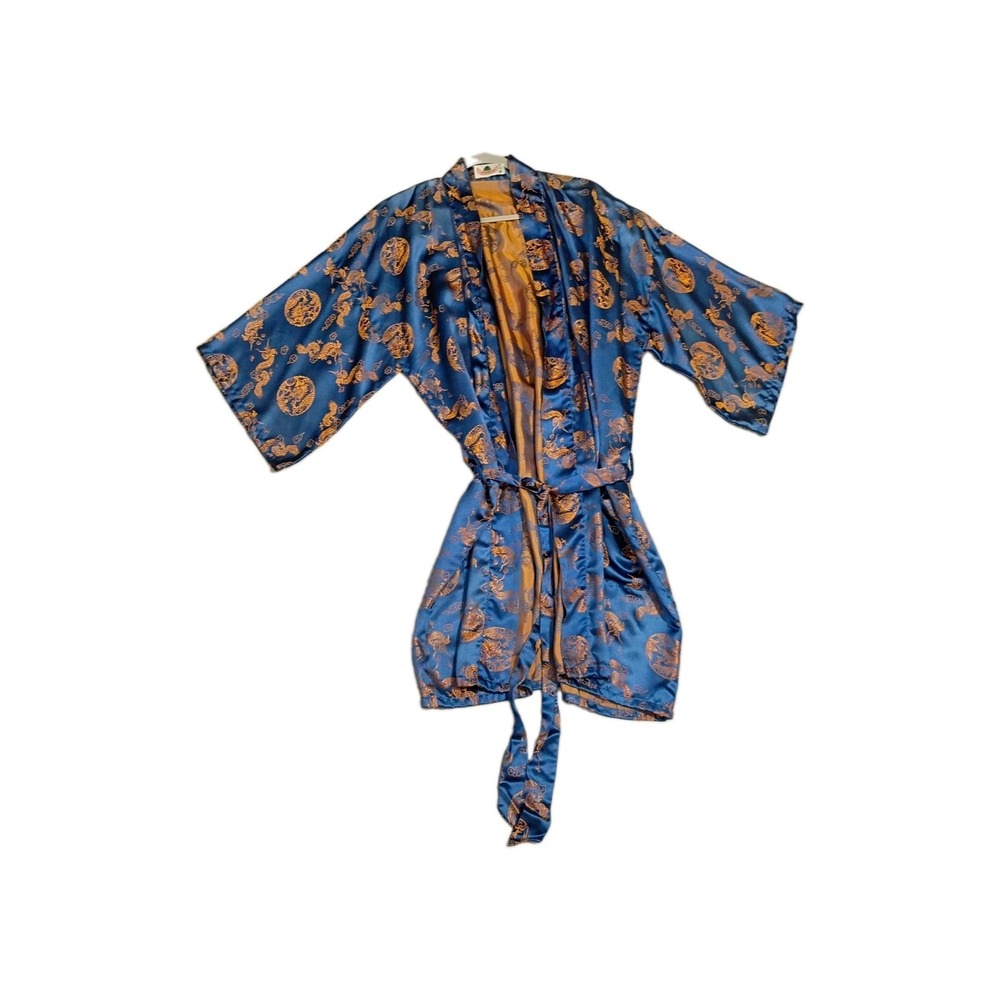 Vintage Asian Blue Golden Dragon Phoenix Satin Robe XL China Rayon Loungewear